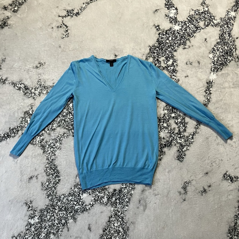 J Crew Sweater Womens Size XS Blue V Neck Merino Wool Lightweight Knit